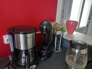 - un comptoir avec une cafetière et un mixeur dans l'établissement Le gite du port 2 chambres, à Lere