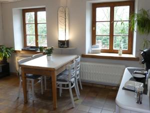 a kitchen with a table and chairs and windows at Maison Bod ' Art in Theux