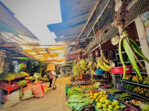 um mercado com frutas e legumes e uma pessoa andando no corredor em Apartamento Colonial em Santa Rosa de Cabal