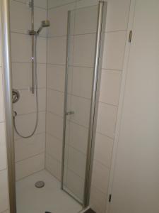 La salle de bains est pourvue d'une douche avec une porte en verre. dans l'établissement Ferienwohnung Hofmeier, à Hinterzarten