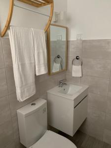 bagno con servizi igienici, lavandino e specchio di Ciao Tavira a Tavira