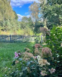 a garden with flowers in front of a fence at Kurort Mirowice in Mirowice