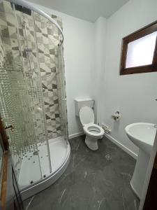 a bathroom with a shower and a toilet and a sink at Pensiunea Mac in Vama Veche