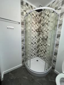 ヴァマ・ヴェケにあるPensiunea Macのバスルーム(ガラス張りのシャワー付)が備わります。