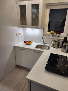 a white kitchen with a sink and a microwave at Vila Rajska ptica in Bled +60 photos