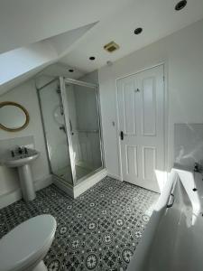 a bathroom with a shower and a toilet and a sink at Bescot House Bramble Hill Bude 4 bed det house in Bude