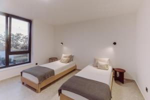 two beds in a room with a window at D-Tree HOUSE private heated pool in Potocnica +30 photos