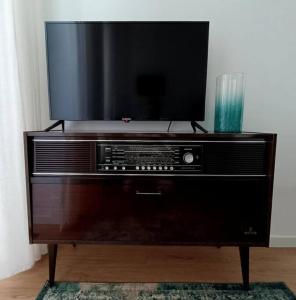 a tv sitting on top of a wooden entertainment center at 10 MARIA - Faro in Faro