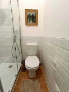 a white bathroom with a toilet and a shower at 10 MARIA - Faro in Faro