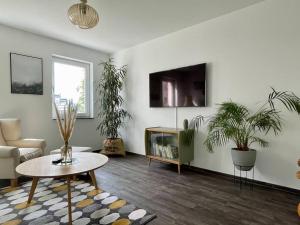 sala de estar con macetas y TV en Appartement W@llstreet, en Nordhausen