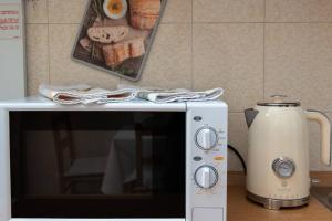 a white toaster sitting next to a microwave at Palaikastro Holiday Apartment in Sitia