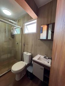 Un baño con inodoro, lavabo y ducha. en casa Beira mar 2° praia, en Morro de São Paulo