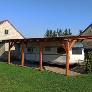 awning over a porch of a rv at Camping U Mani in Wiżajny