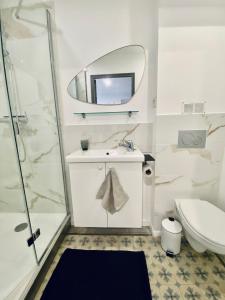 uma casa de banho com um WC, um lavatório e um espelho. em La Villa des Oiseaux - Coeur de Vichy em Vichy