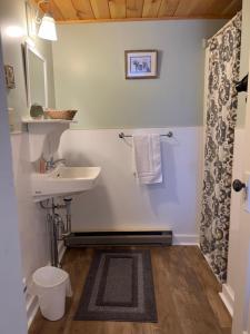 a white bathroom with a sink and a shower at The Cornish Inn in Cornish
