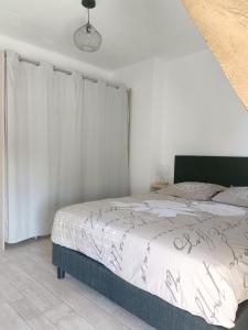 a bedroom with a bed and a white wall at Charmante maison en pierres in Langon