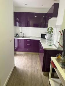 uma cozinha com armários roxos e piso em madeira em Habitaciones IFAE em Alcalá