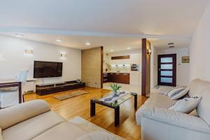uma sala de estar com dois sofás brancos e uma televisão em Apartament Bukowa Mountain Wisla em Wisla