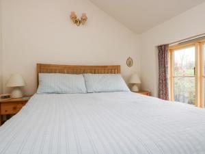 a bedroom with a white bed and a window at Apple Cottage in Crediton