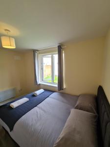- une chambre avec un grand lit et une fenêtre dans l'établissement Cosy Garden Studio near Dublin Airport, à Dublin