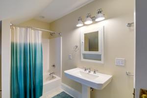 a bathroom with a sink and a shower curtain at Stunning Damascus Vacation Rental with Fire Pit! in Damascus +32 photos
