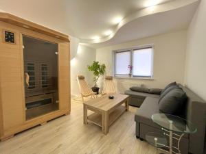 Luxe Apartments في ليوتومير: غرفة معيشة مع أريكة وطاولة