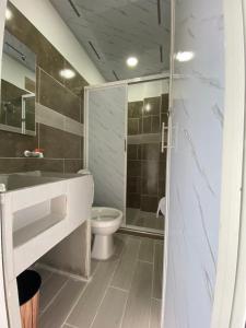 a bathroom with a toilet and a sink and a shower at APARTAMENTO vista VERDE DORADAL in Doradal