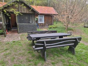 um grupo de mesas de piquenique em frente a um edifício em Dom Pod Brzozami Lipinki Bory Tucholskie - psy, koty mile widziane! em Lipinki