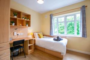 1 dormitorio con cama, escritorio y ventana en 3 - Superb Duplex at Gort Na Coiribe by Shortstays, en Galway