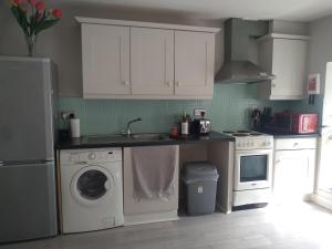a kitchen with a washing machine and a sink at Up Stairs Double Apartment Innishannon Mariners Rest in Cork
