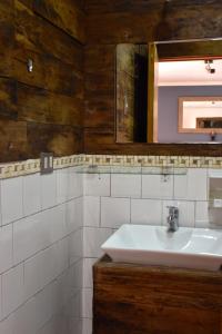 bagno con lavandino e specchio di The Fox Hostel a Santiago