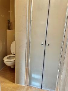 a bathroom with a toilet and a glass shower door at Ferienwohnung in der schönen Rhön in Stadtlengsfeld