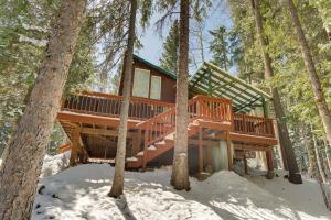 a tree house in the woods in the snow at Idaho Springs Cabin with Hot Tub on Half Acre! in Idaho Springs