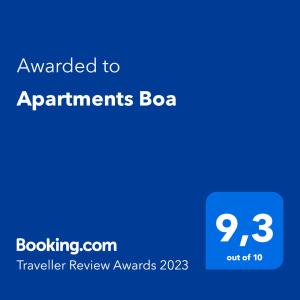 Certifikat, nagrada, logo ili neki drugi dokument izložen u objektu Apartments Boa