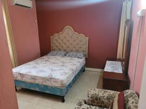 ein kleines Schlafzimmer mit einem Bett und einem Stuhl in der Unterkunft Cozy Studio 1 in Kingston