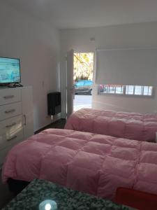 1 dormitorio con 1 cama rosa grande y TV en Departamento Marques, en Santa Rosa