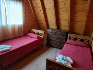 1 dormitorio con 2 camas en una cabaña de madera en COMPLEJO AIKEN CURA en Junín de los Andes