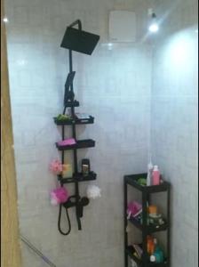 a bathroom with a shower with a shelf with items at Small cosy house (simple but complete) in Asgad