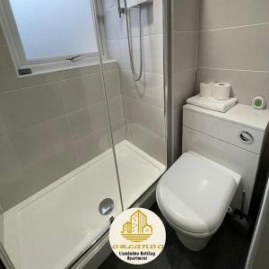 uma pequena casa de banho com WC e chuveiro em Orlando Llandundo Apartment em Llandudno