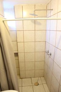 a bathroom with a shower with a toilet at Hostal Purísima in San Francisco del Rincón