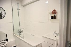a bathroom with a shower and a toilet and a sink at Spacious 1 Bed- Nunhead/Peckham-sleeps 4 in London