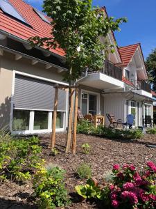 a house with a tree and flowers in the yard at Käptn Knaak in Wustrow