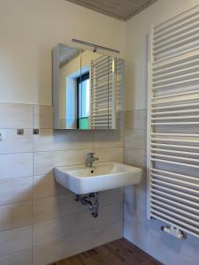 ein Badezimmer mit einem weißen Waschbecken und einem Spiegel in der Unterkunft Strandläufer in Wustrow