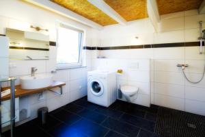 een badkamer met toilet, wastafel en wasmachine bij Ferienhaus LUV in Wustrow +6 foto's