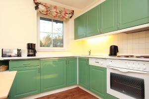 une cuisine verte avec des appareils blancs et une fenêtre dans l'établissement Haus Kranich App 426, à Neuhaus