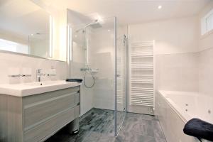 un bagno con doccia, lavandino e vasca di Kleine Robbe Whg1 a Wustrow