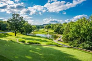 a view of a golf course with a river and trees at Luxury Family Condo w/ Great Views & Entertainment in Branson