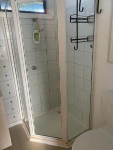 y baño con ducha y puerta de cristal. en 13th Apostle Accommodation en Princetown