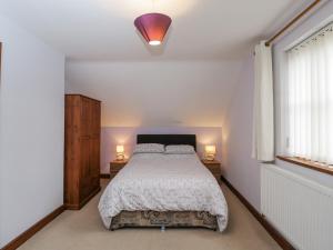1 dormitorio con 1 cama y 2 lámparas en 2 mesas en Penrose Cottage en Gilwern