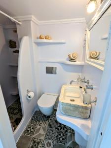La petite salle de bains est pourvue d'un lavabo et de toilettes. dans l'établissement Anoi Rooms, à Tinos